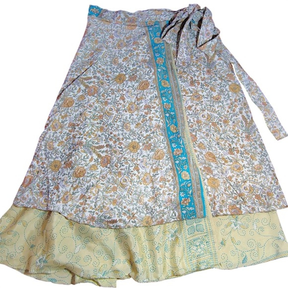 Earthbound Trading Co. Silk Wrap Skirt‎ Floral Print Teal Beige Boho Travel